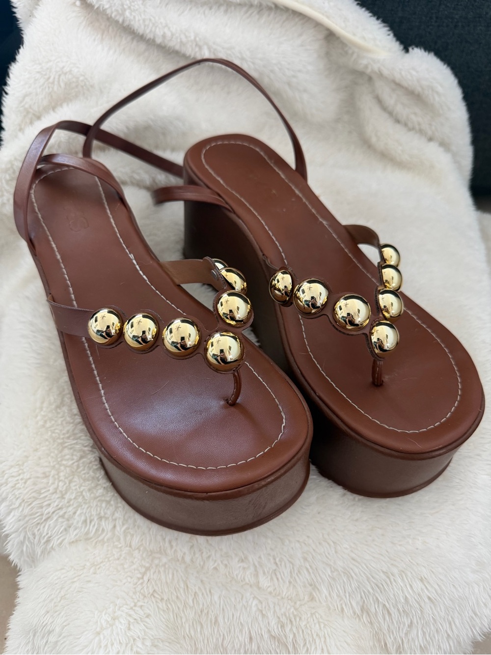 Brown Platform Thong Sandals with Gold Orb Detailing